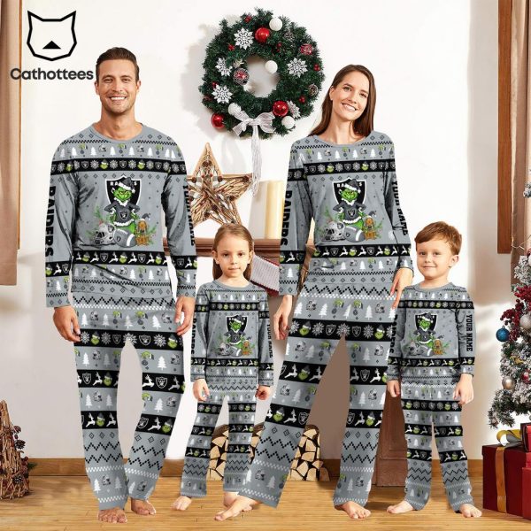 Personalized Las Vegas Raiders Pajamas Grinch Christmas And Sport Team Grey Mascot Design Pajamas Set Family