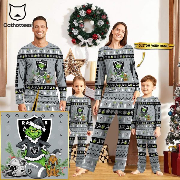 Personalized Las Vegas Raiders Pajamas Grinch Christmas And Sport Team Grey Mascot Design Pajamas Set Family