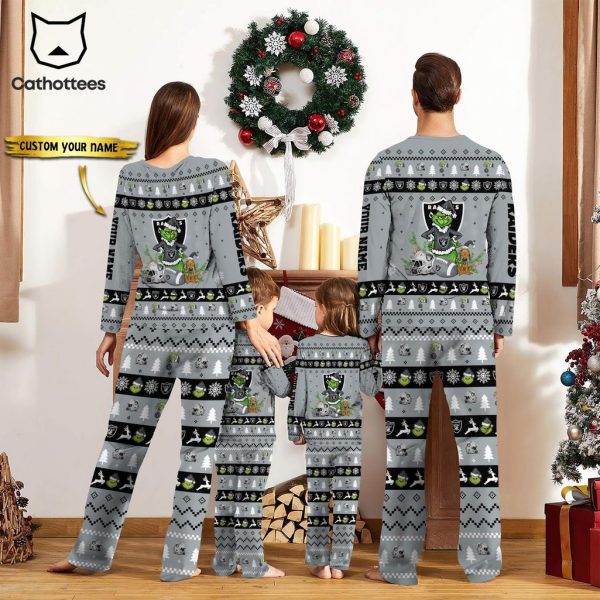 Personalized Las Vegas Raiders Pajamas Grinch Christmas And Sport Team Grey Mascot Design Pajamas Set Family