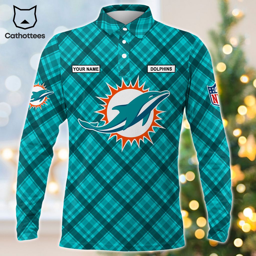 Personalized Miami Dolphins Blue Logo Design Long Sleeve Polo Shirt