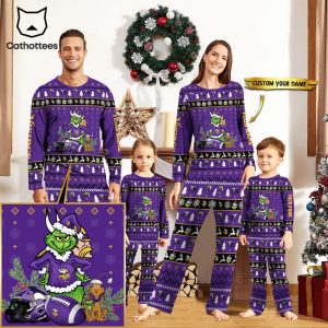 Personalized Minnesota Vikings Pajamas Grinch Christmas And Sport Team Purple Mascot Design Pajamas Set Family