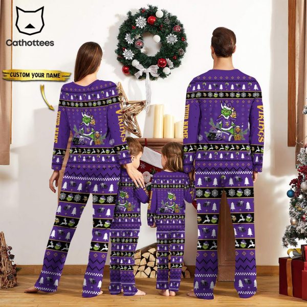 Personalized Minnesota Vikings Pajamas Grinch Christmas And Sport Team Purple Mascot Design Pajamas Set Family