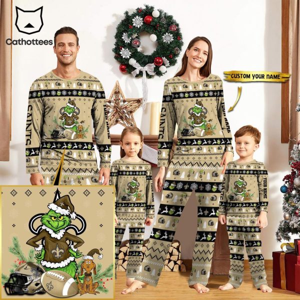 Personalized New Orleans Saints Pajamas Grinch Christmas And Sport Team Mascot Design Pajamas Set Family