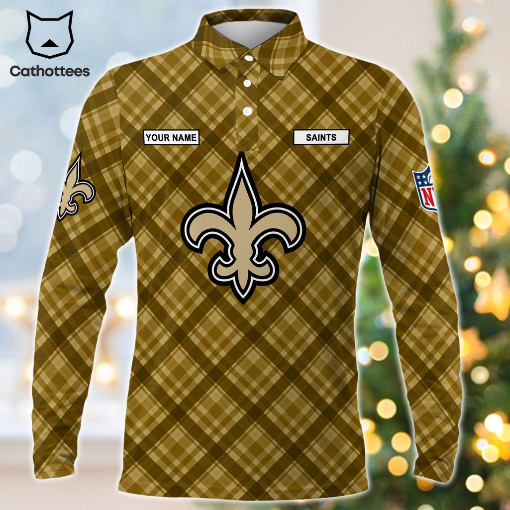 Personalized New Orleans Saints Yellow Logo Design Long Sleeve Polo Shirt