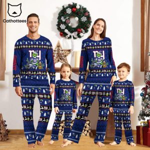 Personalized New York Giants Pajamas Grinch Christmas And Sport Team Blue Mascot Design Pajamas Set Family