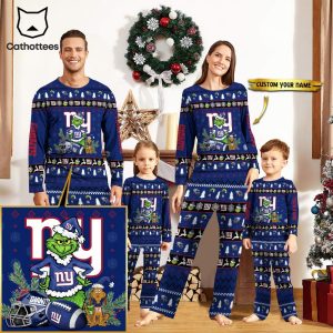 Personalized New York Giants Pajamas Grinch Christmas And Sport Team Blue Mascot Design Pajamas Set Family