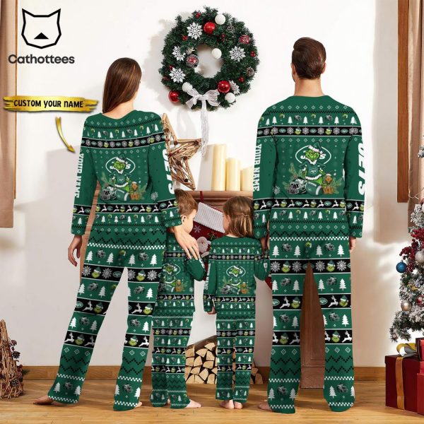 Personalized New York Jets Pajamas Grinch Christmas And Sport Team Green Mascot Design Pajamas Set Family