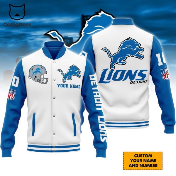 Personalized NFL Lions Detroit Mascot White Blue Design Baseball Jacket