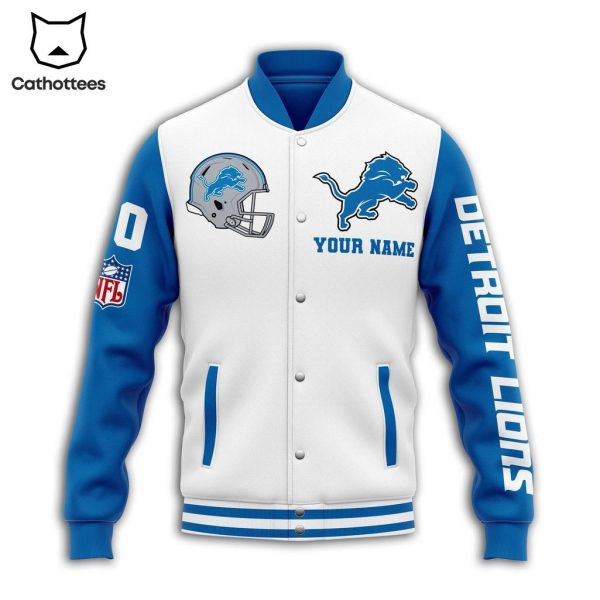 Personalized NFL Lions Detroit Mascot White Blue Design Baseball Jacket