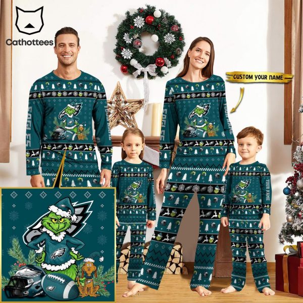 Personalized Philadelphia Eagles Pajamas Grinch Christmas And Sport Team Green Mascot Design Pajamas Set Family