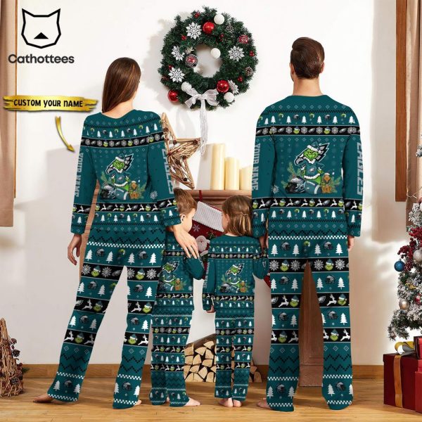 Personalized Philadelphia Eagles Pajamas Grinch Christmas And Sport Team Green Mascot Design Pajamas Set Family