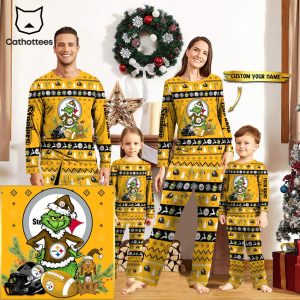Personalized Pittsburgh Steelers Pajamas Grinch Christmas And Sport Team Masot Yellow Design Pajamas Set Family