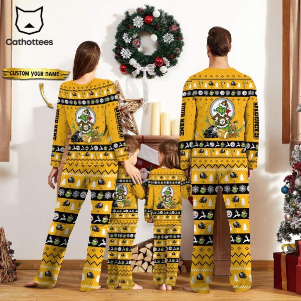 Personalized Pittsburgh Steelers Pajamas Grinch Christmas And Sport Team Masot Yellow Design Pajamas Set Family