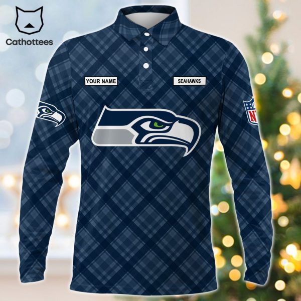 Personalized Seattle Seahawks Blue Logo Design Long Sleeve Polo Shirt