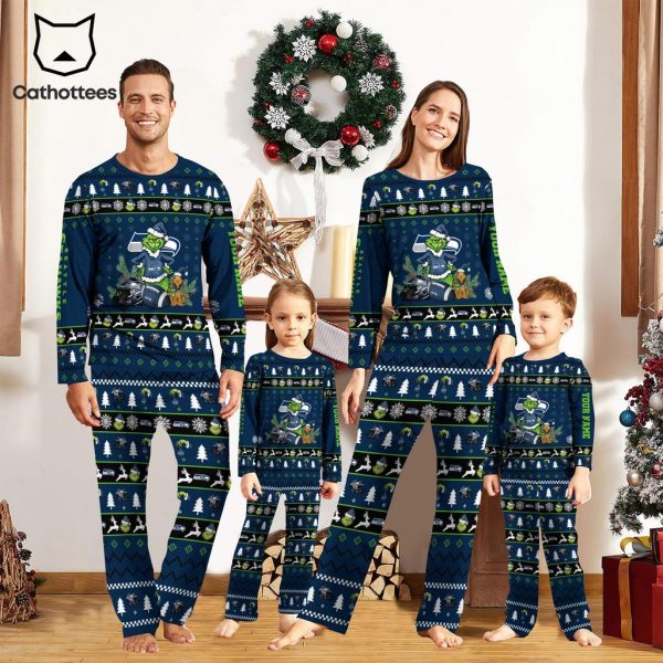 Personalized Seattle Seahawks Pajamas Grinch Christmas And Sport Team Blue Mascot Design Pajamas Set Family