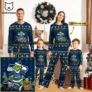 Personalized Seattle Seahawks Pajamas Grinch Christmas And Sport Team Blue Mascot Design Pajamas Set Family