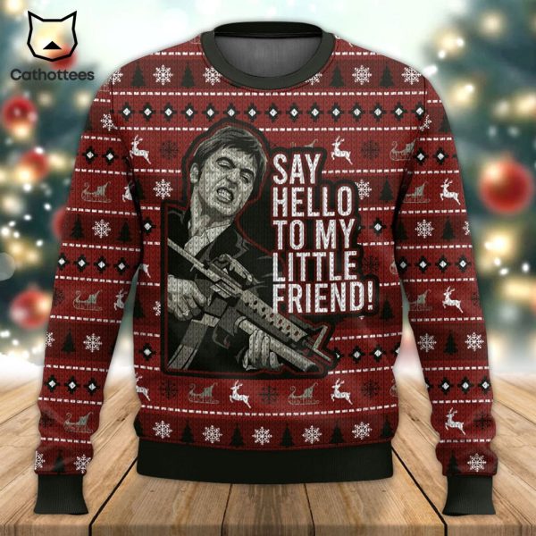 Scarface Say Hello To My Little Friend Tony Montana Ugly Christmas Red Design 3D Sweater