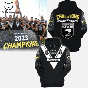 BLK Pirtek Champions 2023 New Zealand National Rugby League Kiwis Team Black Design 3D Hoodie Longpant Cap Set