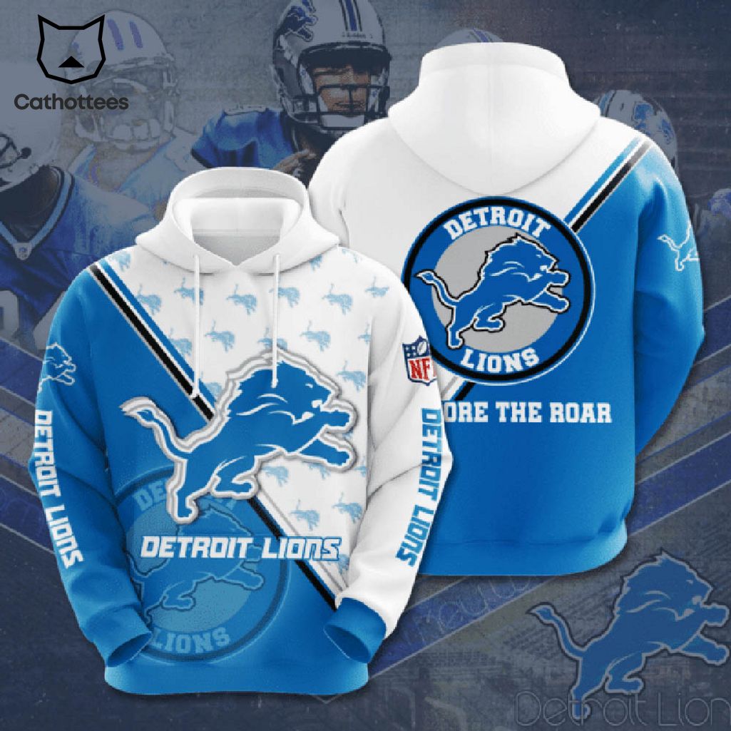 Detroit Lions White Blue Mascot Design 3D Hoodie Longpant Cap Set