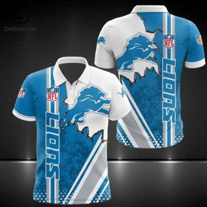 Detroit Lions White Blue Mascot NFL Logo Design 3D Polo Shirt