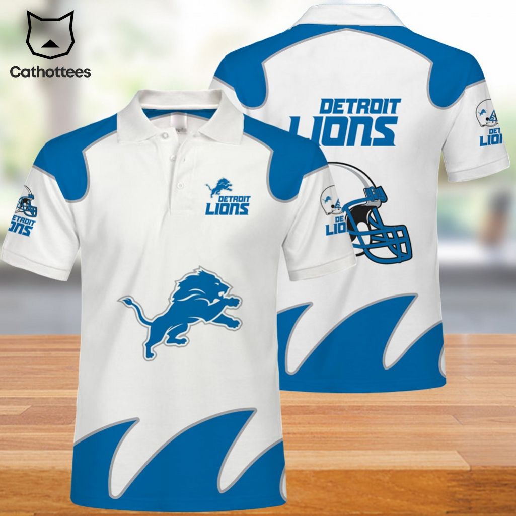 Detroit Lions White Mimx Blue NFL Logo Design 3D Polo Shirt