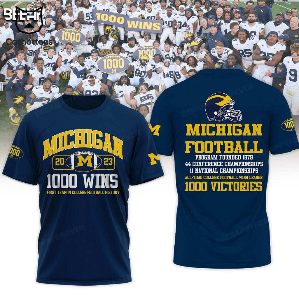 Michigan Wolverines Champion Football 1000 Victories Blue Design 3D T-Shirt