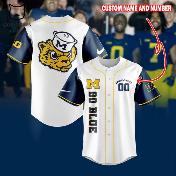 Michigan Wolverines Custom Name White Blue Design Baseball Jersey