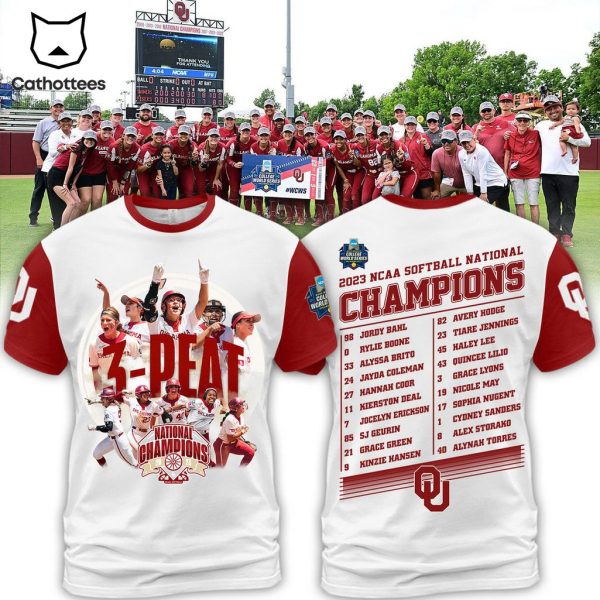 Oklahoma Sooners 2023 3-Peat National Champions White Design 3D T-Shirt