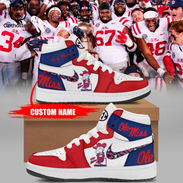 Personalized Ole Miss Rebels Football Team 2023 Nike Logo Red White Blue Design Air Jordan 1 High Top