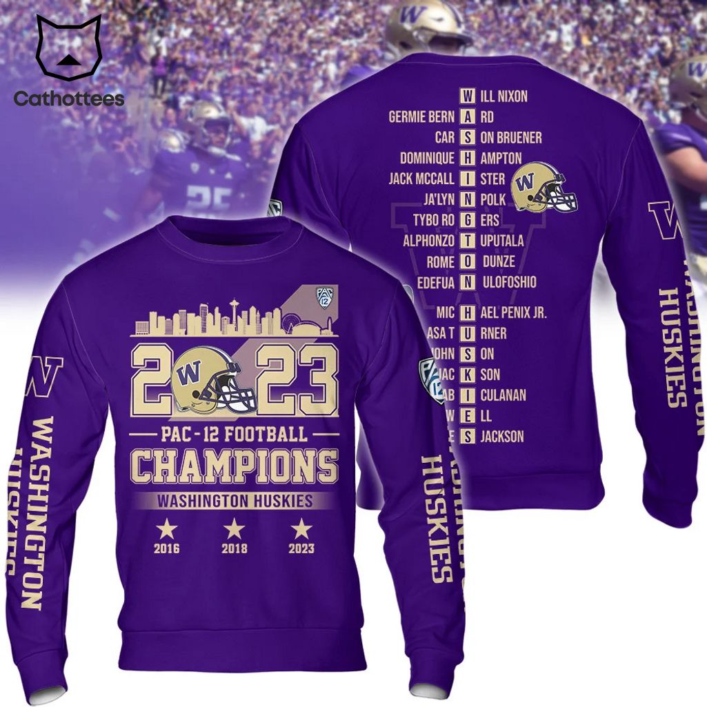 2023 Pac-12 Football Champions Washington Huskies  Football Purple Logo Design 3D Hoodie