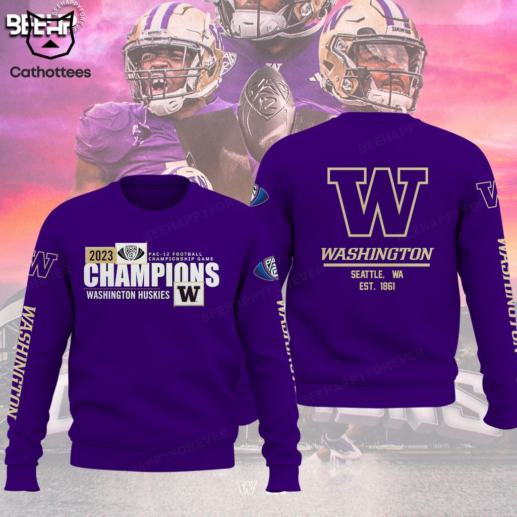 2023 Pac-12 Football Conference Champions Washington Huskies EST 1861 Purple Design 3D Hoodie