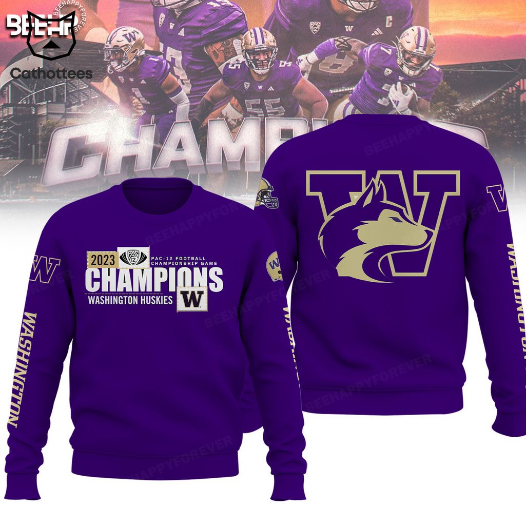 2023 Pac-12 Football Conference Champions Washington Huskies Purple Mascot Design 3D Hoodie