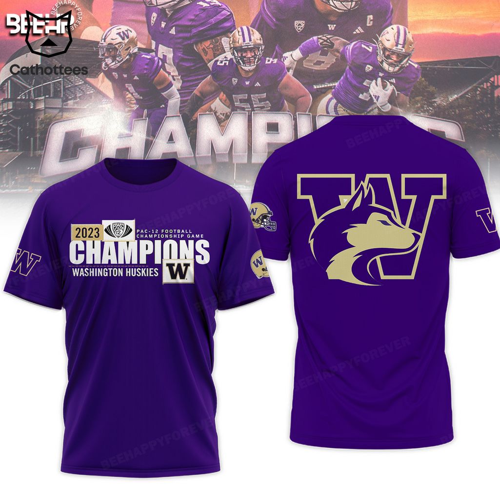 2023 Pac-12 Football Conference Washington Huskies  Champions Purple Design 3D Hoodie