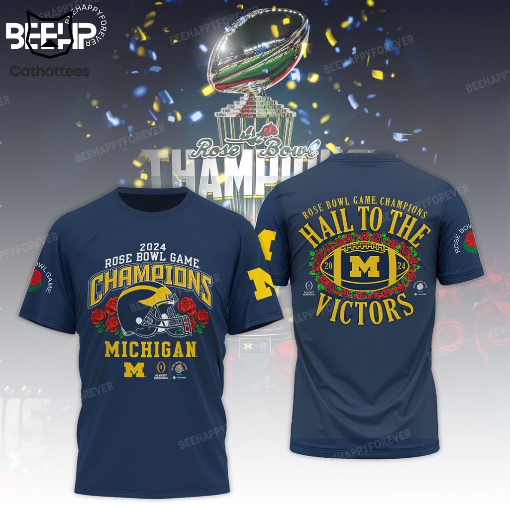 2024 Rose Bowl Game Champions Michigan Wolverines Blue Logo Design 3D T-Shirt