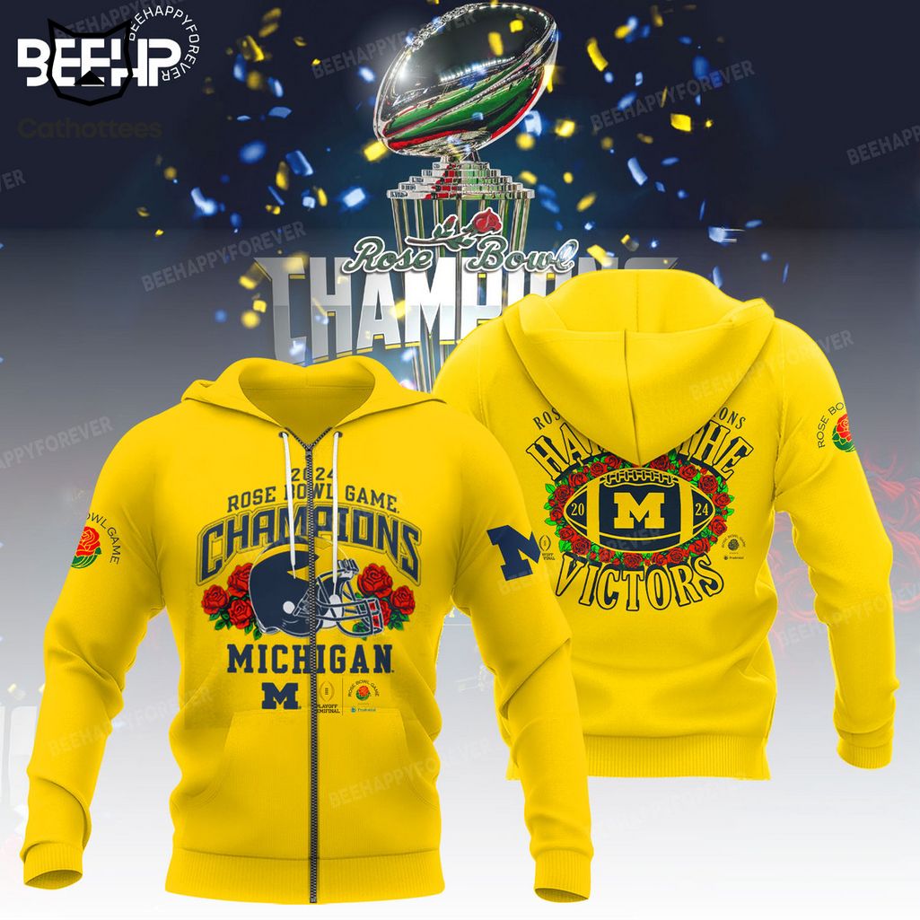 2024 Rose Bowl Game Champions Michigan Wolverines Yellow Logo Design 3D Hoodie