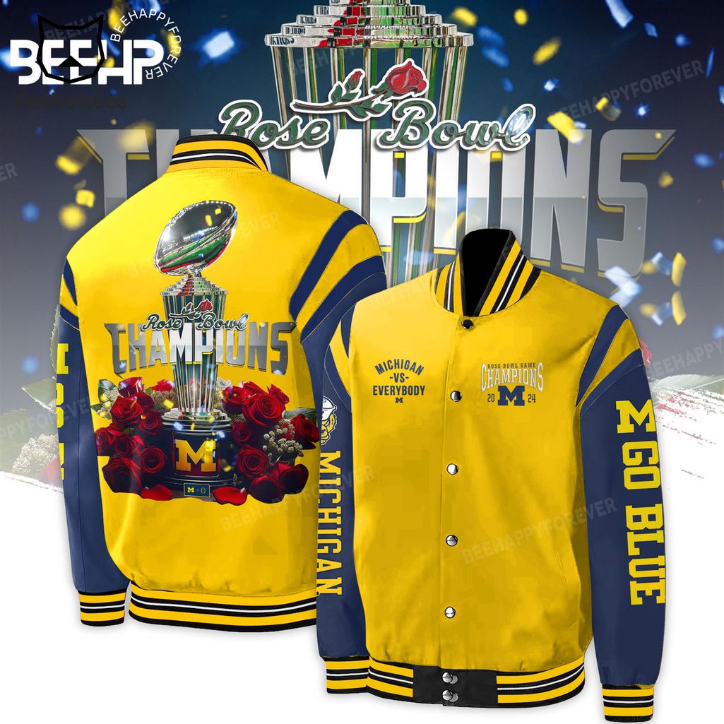 2024 Rose Bowl Michigan Wolverines Champions Yellow Design Baseball Jacket
