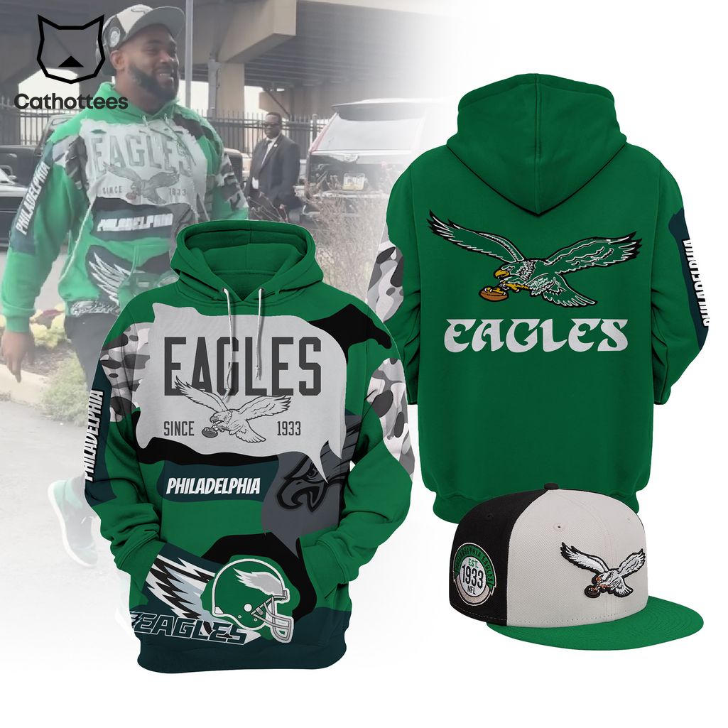 Eagles Since 1933 Philadelphia Mascot Green Gray Design 3D Hoodie