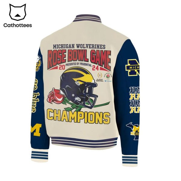 Michigan Wolverines 2024 Rose Bowl Champions Gray Blue Design Baseball Jacket