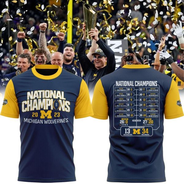 National Champions 2023 Michigan Wolverines Match List Blue Design 3D T-Shirt