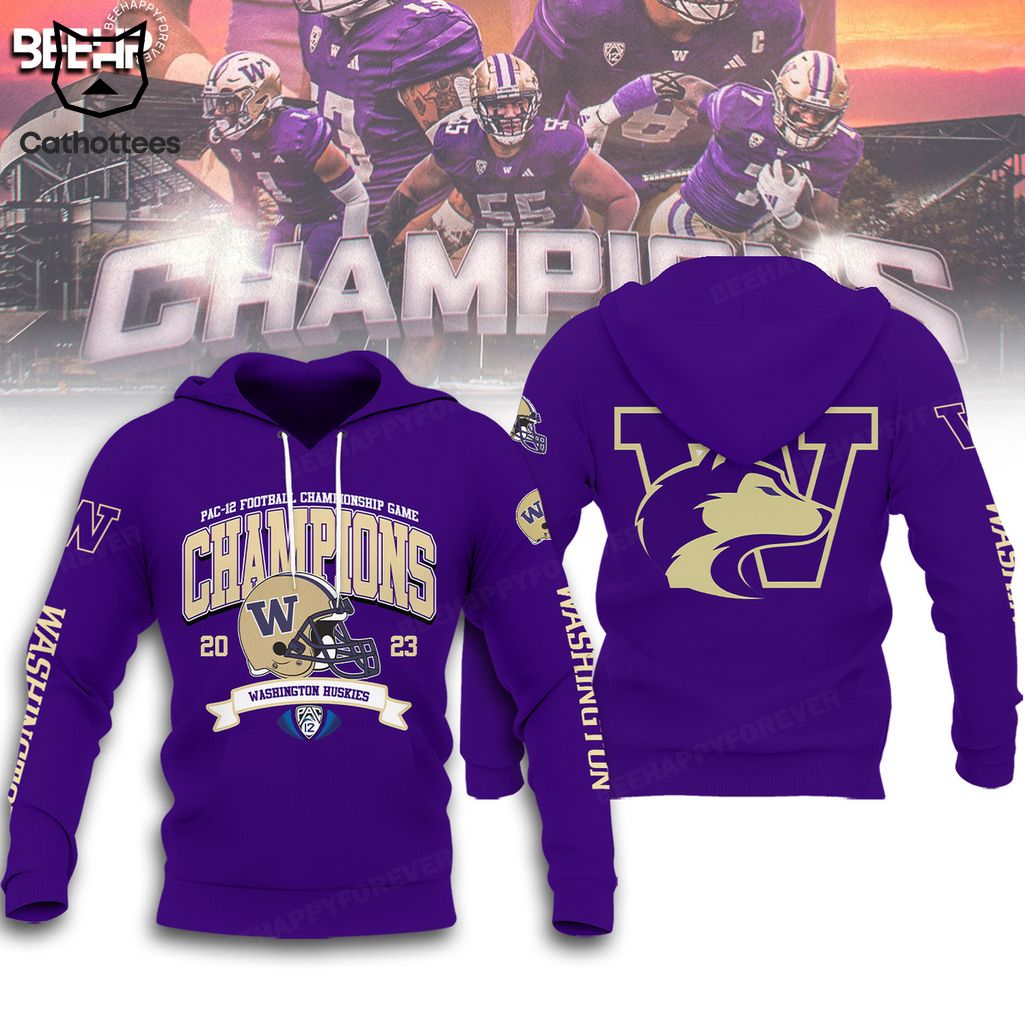 Pac-12 Football Champions Game Champions 2023 Washington Huskies Purple Design 3D Hoodie