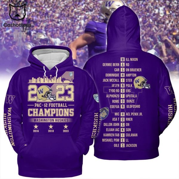 Washington Huskies 2023 Pac-12 Football Conference Champions Purple Logo Design 3D Hoodie