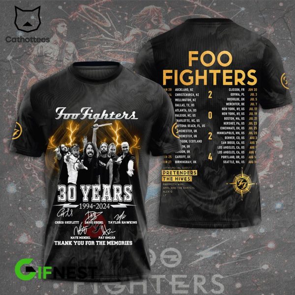 Foo Fighters 30 Years 1994-2024 Signature Thank You For The Memories 3D T-Shirt