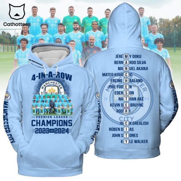 4 – In – A – Row Manchester City Premier League Champions 2023-2024 Hoodie
