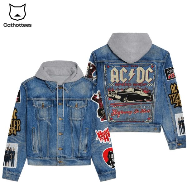 AC DC Speed Shop Last Stop Before The Highway To Hell Design Hooded Denim Jacket