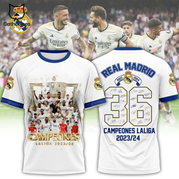 Campeones Laliga 2023-2024 Real Madrid Signature White 3D T-Shirt