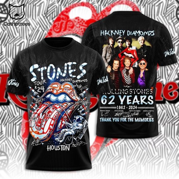 The Rolling Stones Tour 2024 Hackney Diamonds Houston 62 Years 1962-2024 Signature Thank You For The Memories 3D T-Shirt