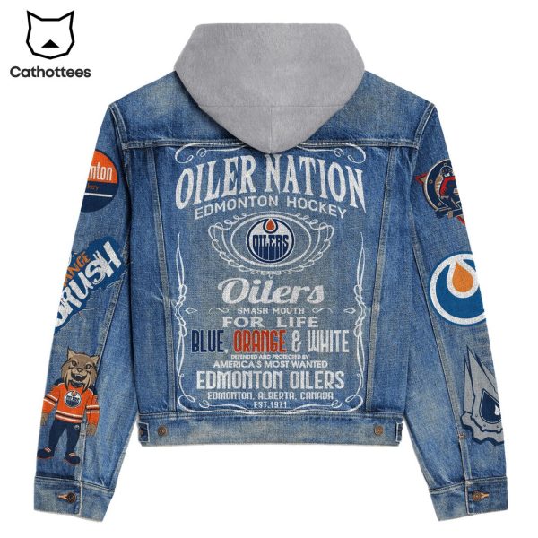 Oiler Nation Edmonton Hockey Hooded Denim Jacket