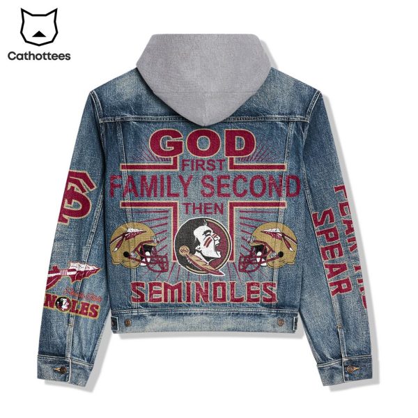 God First Family Second Then Florida State Seminoles Hooded Denim Jacket